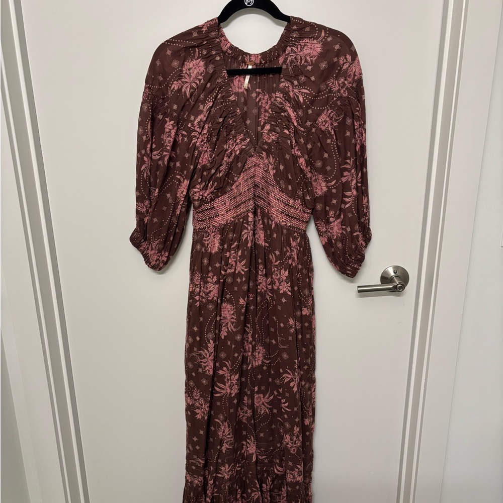 Free People Long Sleeve Dress in Brown and Pink Floral